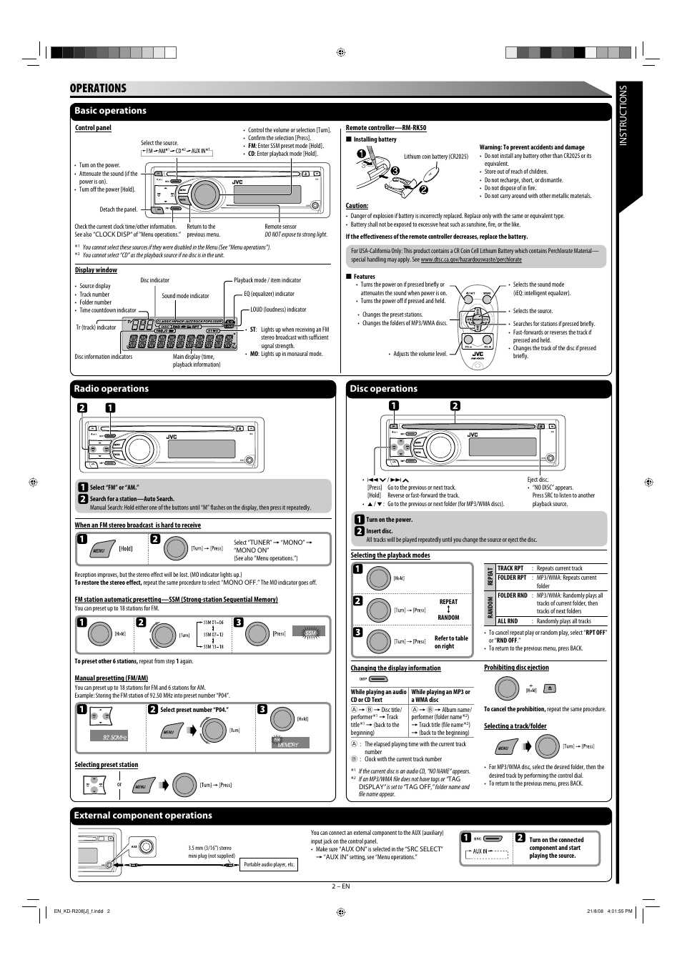 Operations, Instructions basic operations, Radio operations | Disc operations, External component operations | JVC KD-R303 User Manual | Page 146 / 148