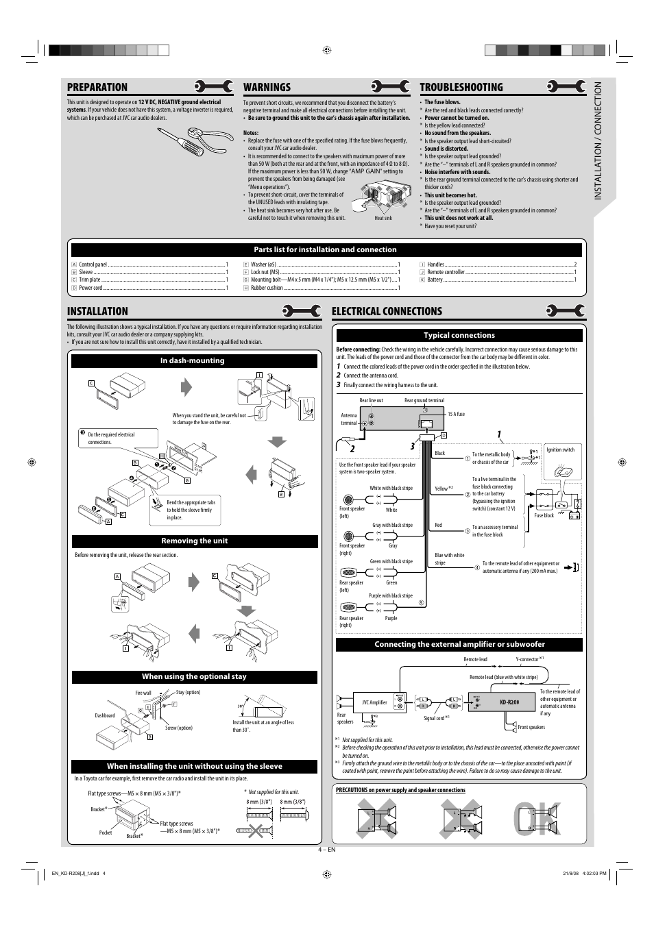 Preparation, Warnings, Troubleshooting | Installation, Electrical connections, Installation / connection, Removing the unit, When using the optional stay, When installing the unit without using the sleeve, Typical connections | JVC KD-R303 User Manual | Page 148 / 148
