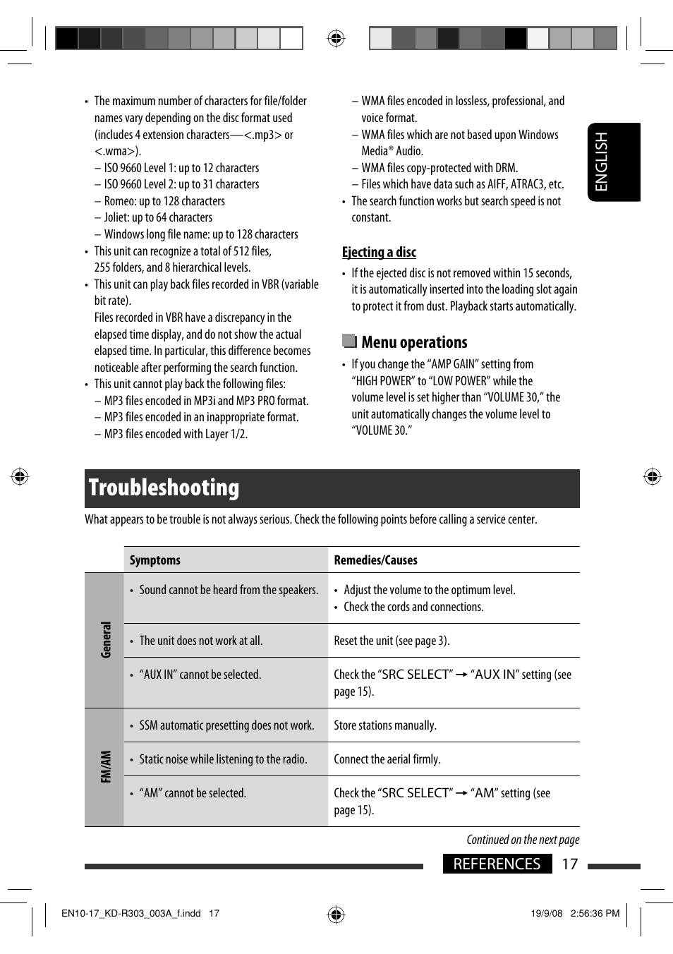 Troubleshooting, Menu operations, English 17 references | JVC KD-R303 User Manual | Page 17 / 148