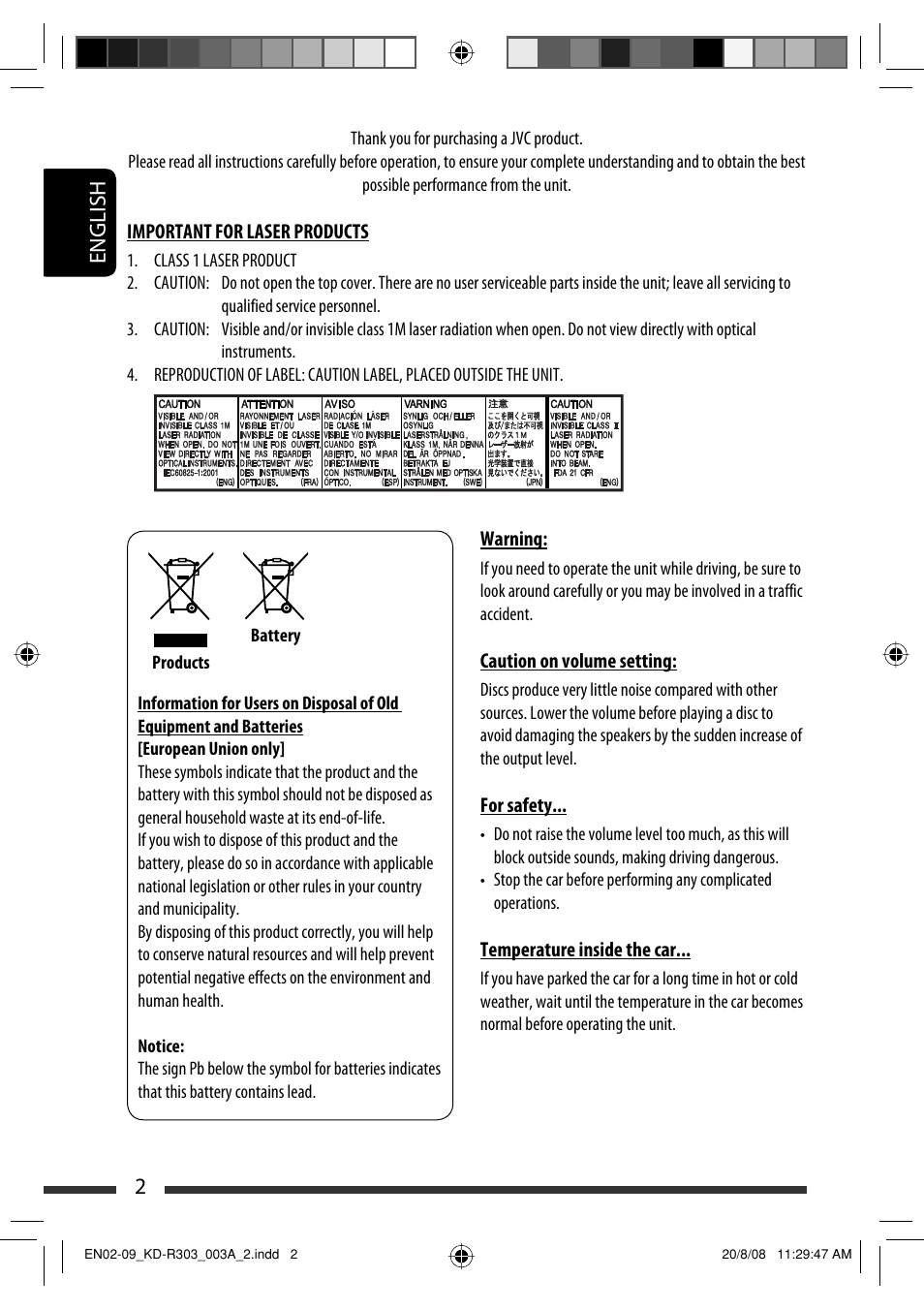 English 2 | JVC KD-R303 User Manual | Page 2 / 148