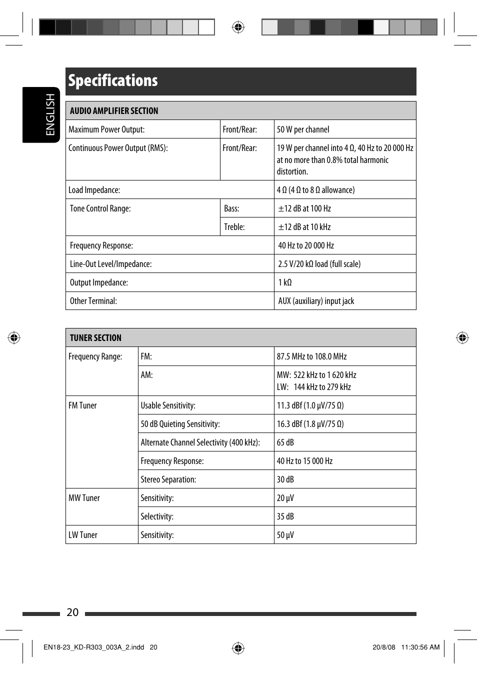 Specifications, English 20 | JVC KD-R303 User Manual | Page 20 / 148