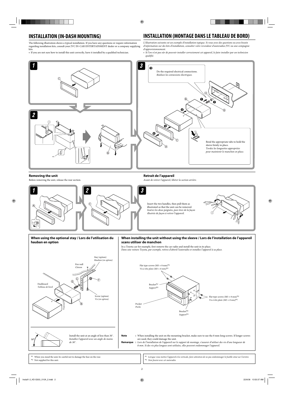 Installation (in-dash mounting), Removing the unit, Installation (montage dans le tableau de bord) | Retrait de l’appareil | JVC KD-R303 User Manual | Page 24 / 148