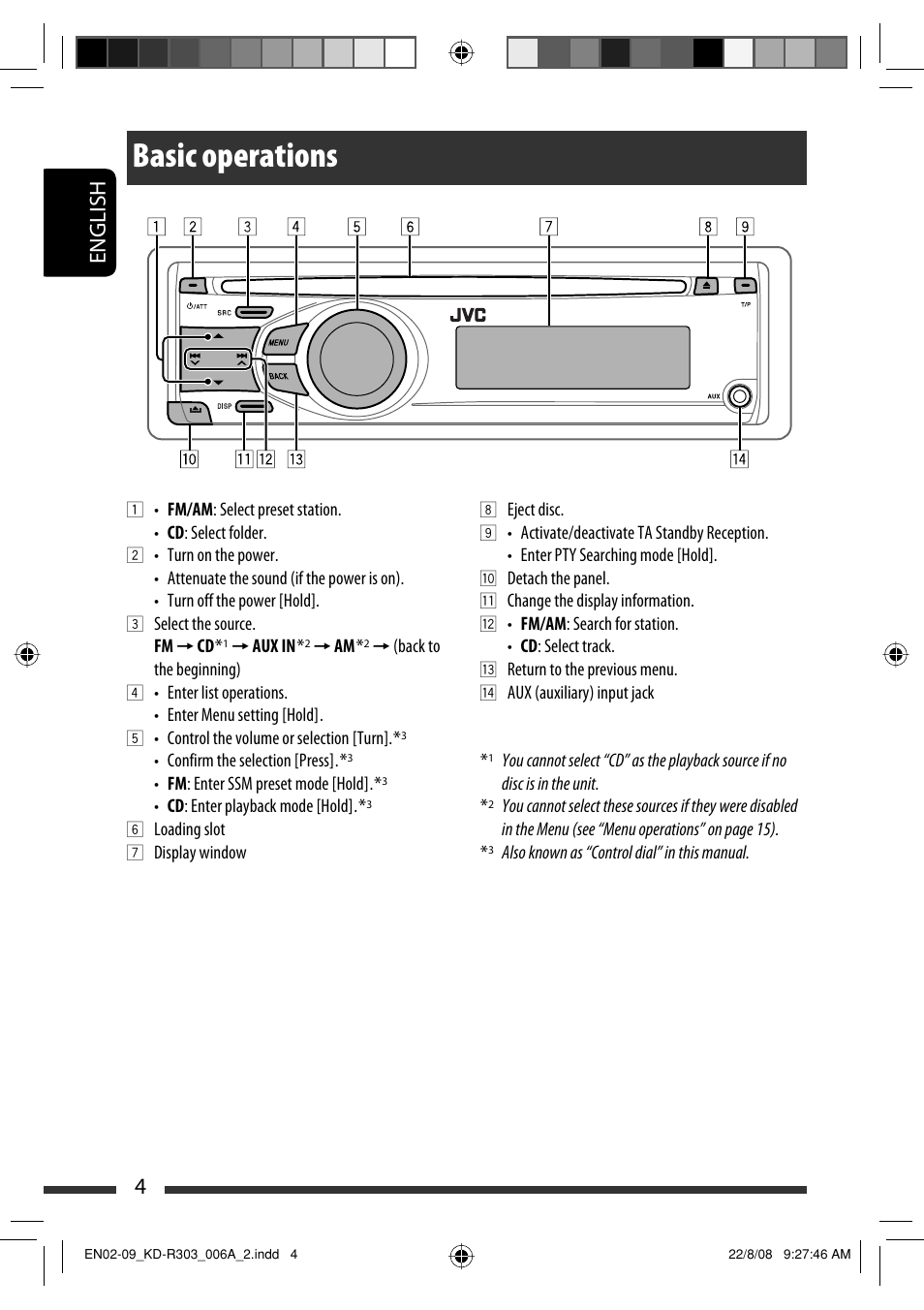 Basic operations, English 4 | JVC KD-R303 User Manual | Page 30 / 148