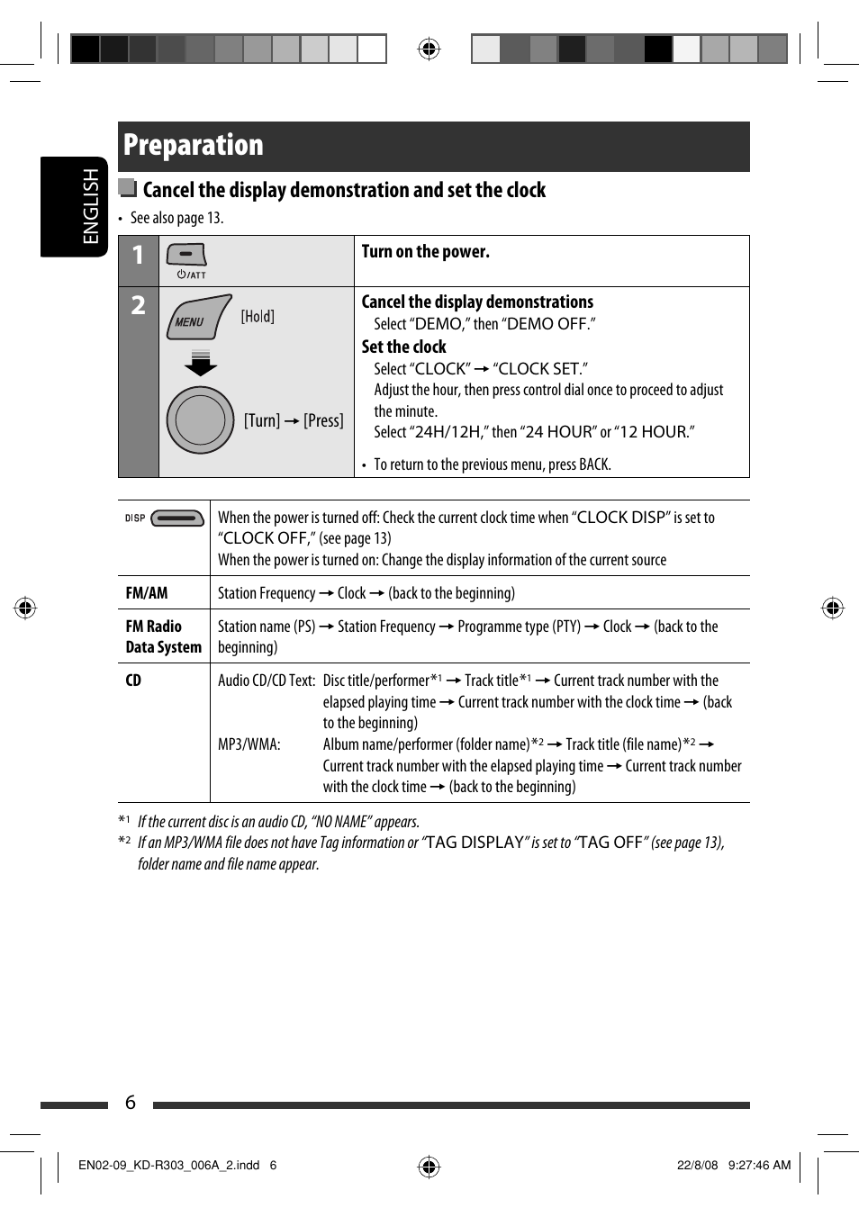 Preparation, Cancel the display demonstration and set the clock, English 6 | JVC KD-R303 User Manual | Page 32 / 148