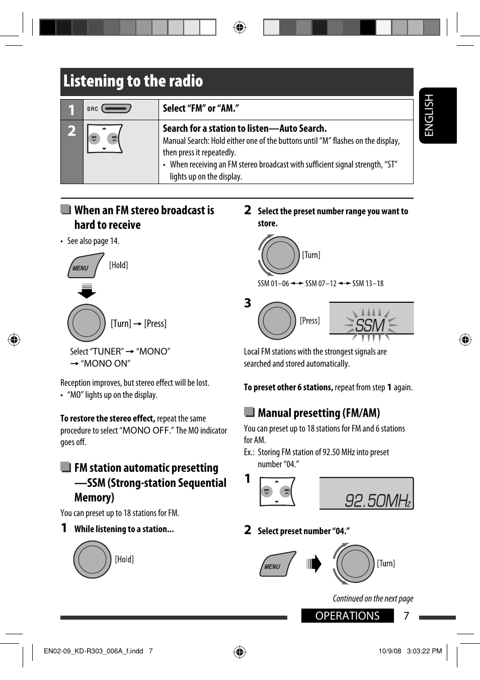 Listening to the radio, When an fm stereo broadcast is hard to receive, Manual presetting (fm/am) | JVC KD-R303 User Manual | Page 33 / 148