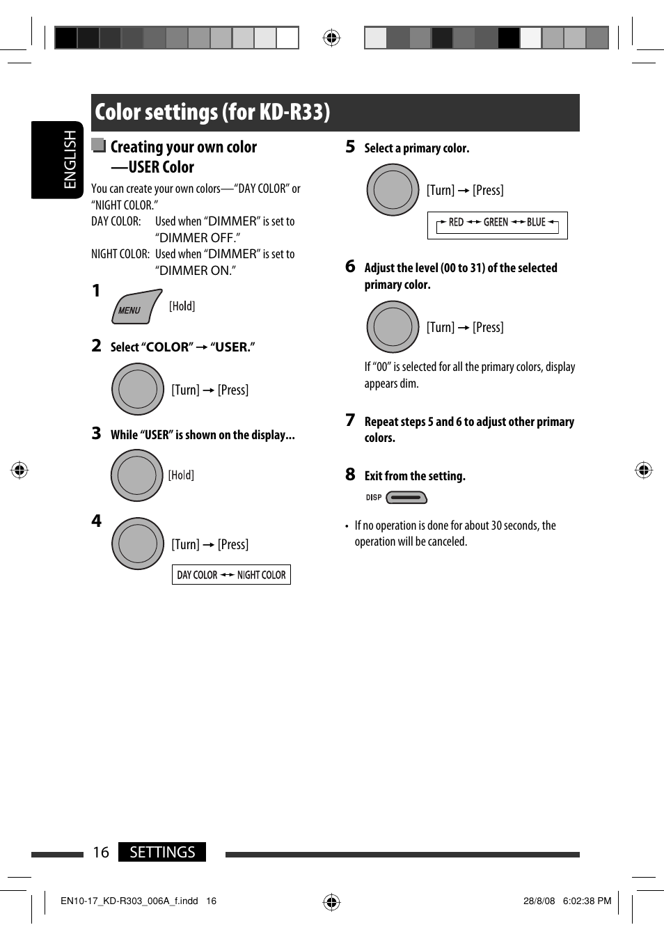 Color settings (for kd-r33), Creating your own color —user color | JVC KD-R303 User Manual | Page 42 / 148