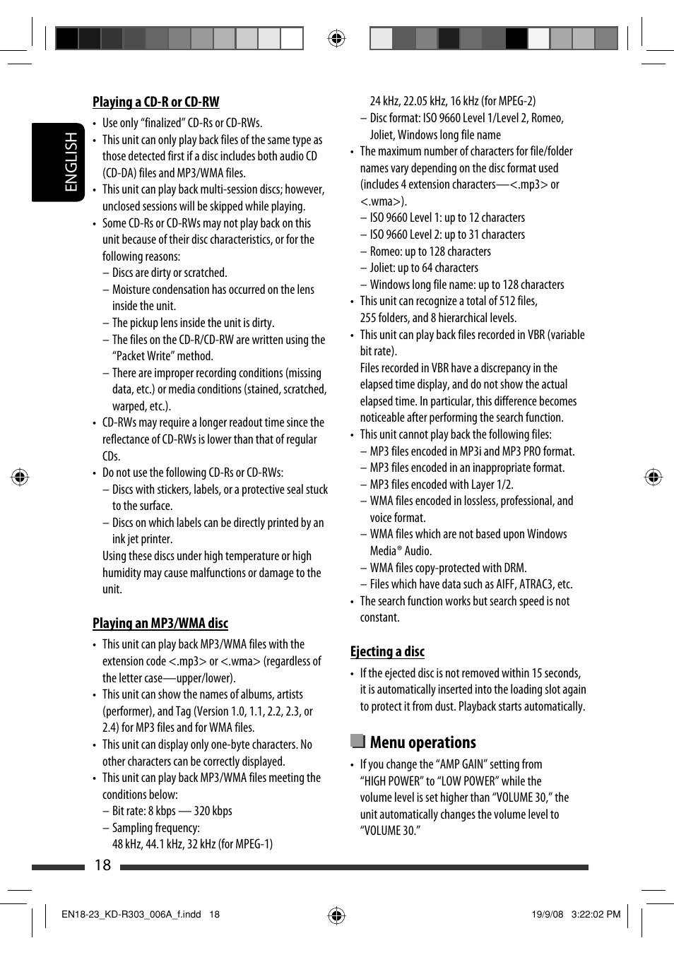 Menu operations, English 18 | JVC KD-R303 User Manual | Page 44 / 148