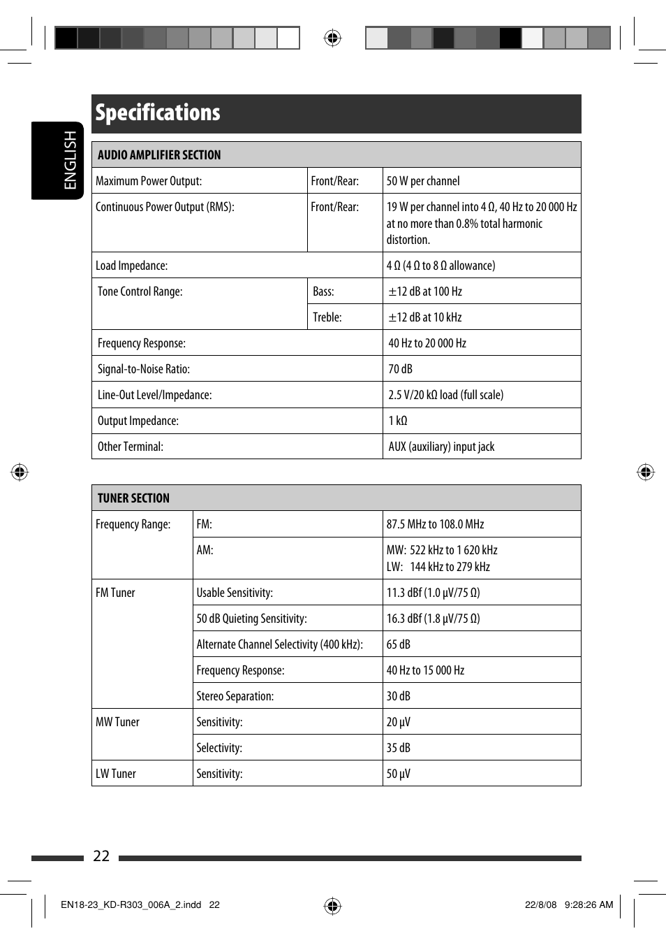 Specifications, English 22 | JVC KD-R303 User Manual | Page 48 / 148