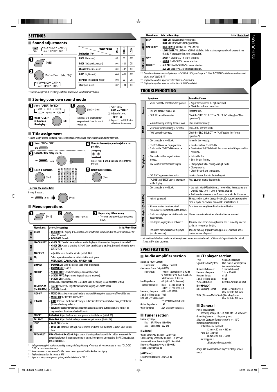 Settings, Troubleshooting, Specifications | General, Sound adjustments, Storing your own sound mode title assignment, Menu operations | JVC KD-R303 User Manual | Page 57 / 148