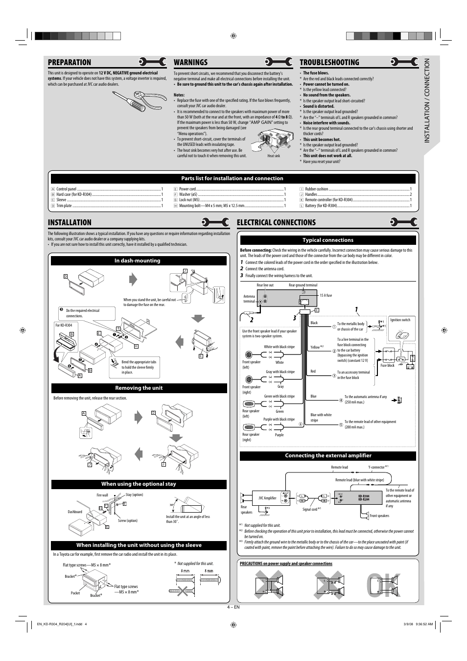 Preparation, Warnings, Troubleshooting | Installation, Electrical connections, Installation / connection, Removing the unit, When using the optional stay, When installing the unit without using the sleeve, Typical connections | JVC KD-R303 User Manual | Page 58 / 148