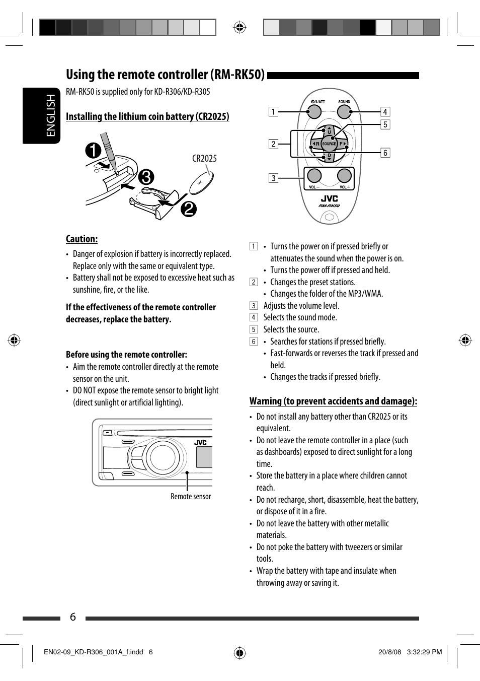 Using the remote controller (rm-rk50), English 6 | JVC KD-R303 User Manual | Page 64 / 148