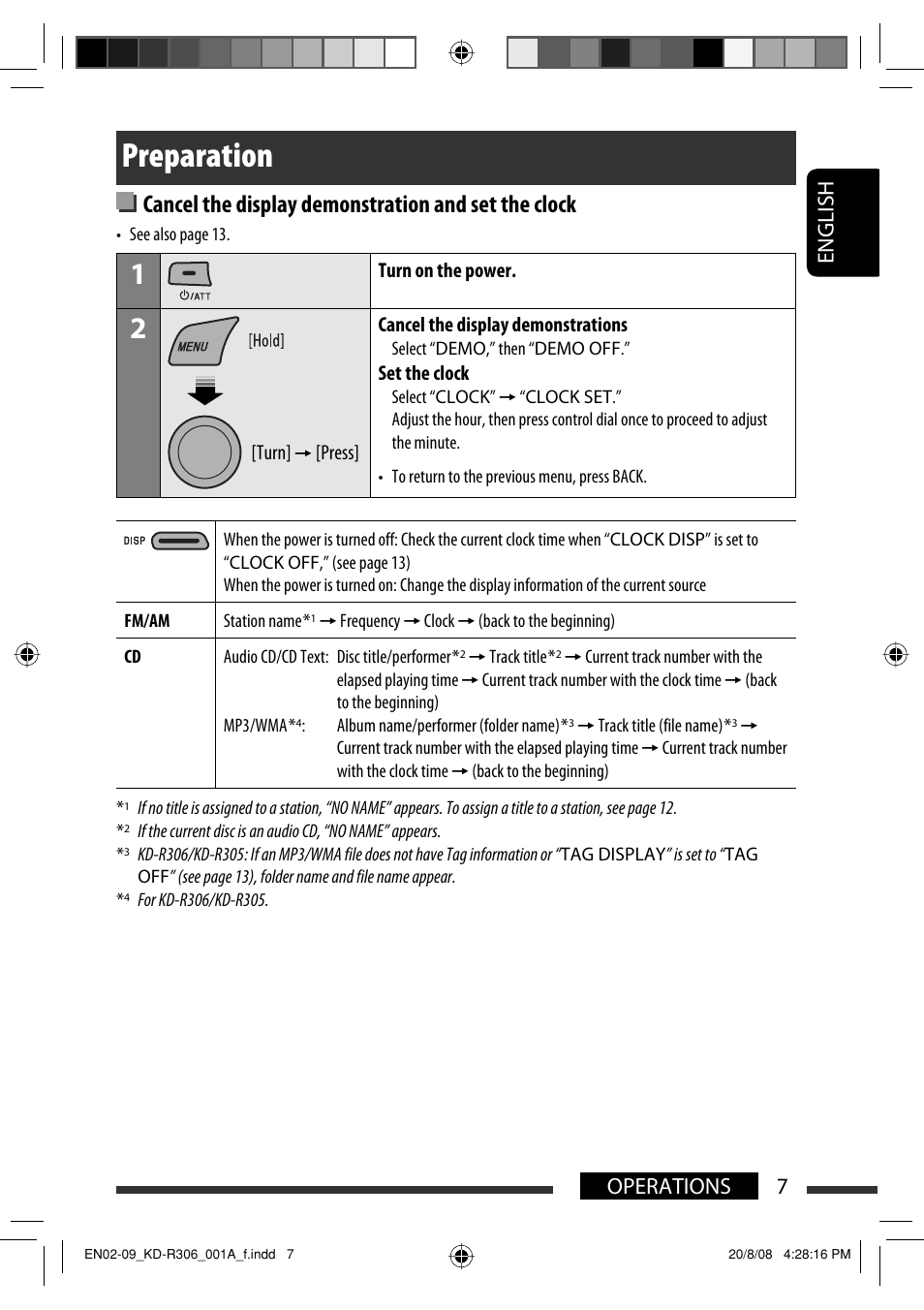 Preparation, Cancel the display demonstration and set the clock, English 7 operations | JVC KD-R303 User Manual | Page 65 / 148