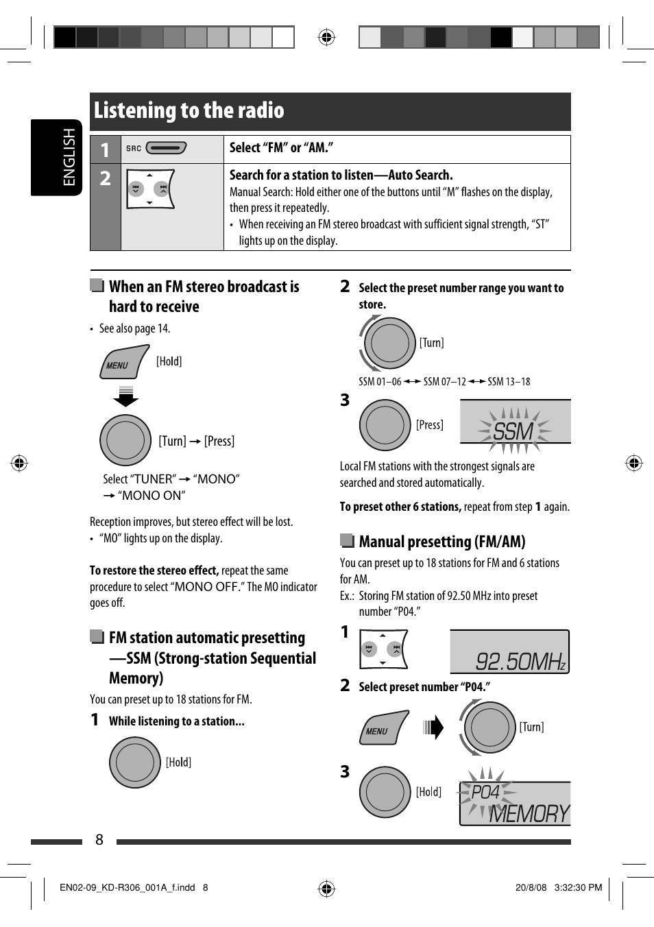 Listening to the radio, When an fm stereo broadcast is hard to receive, Manual presetting (fm/am) | JVC KD-R303 User Manual | Page 66 / 148