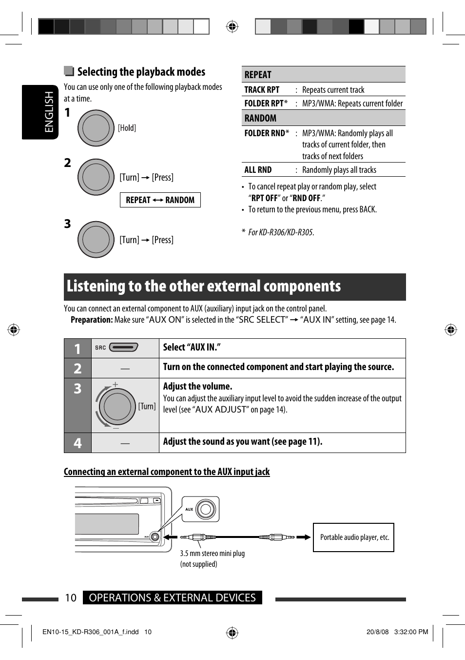 Listening to the other external components, Selecting the playback modes | JVC KD-R303 User Manual | Page 68 / 148