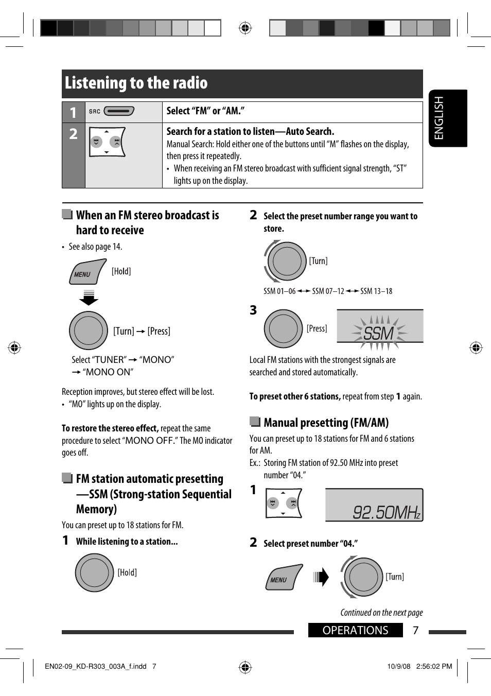 Listening to the radio, When an fm stereo broadcast is hard to receive, Manual presetting (fm/am) | JVC KD-R303 User Manual | Page 7 / 148