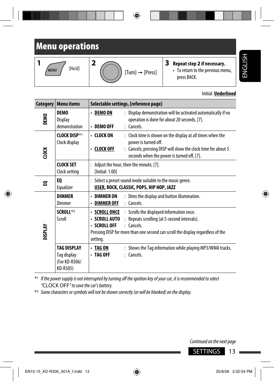 Menu operations, English 13 settings | JVC KD-R303 User Manual | Page 71 / 148