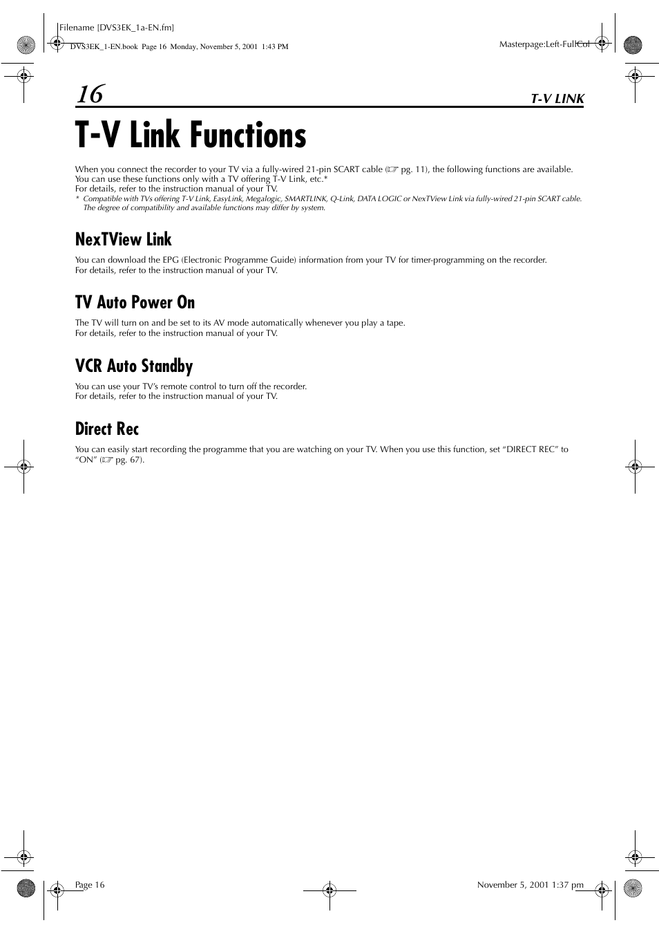 T-v link functions, Nextview link, Tv auto power on | Vcr auto standby, Direct rec | JVC HR-DVS3EK User Manual | Page 16 / 92