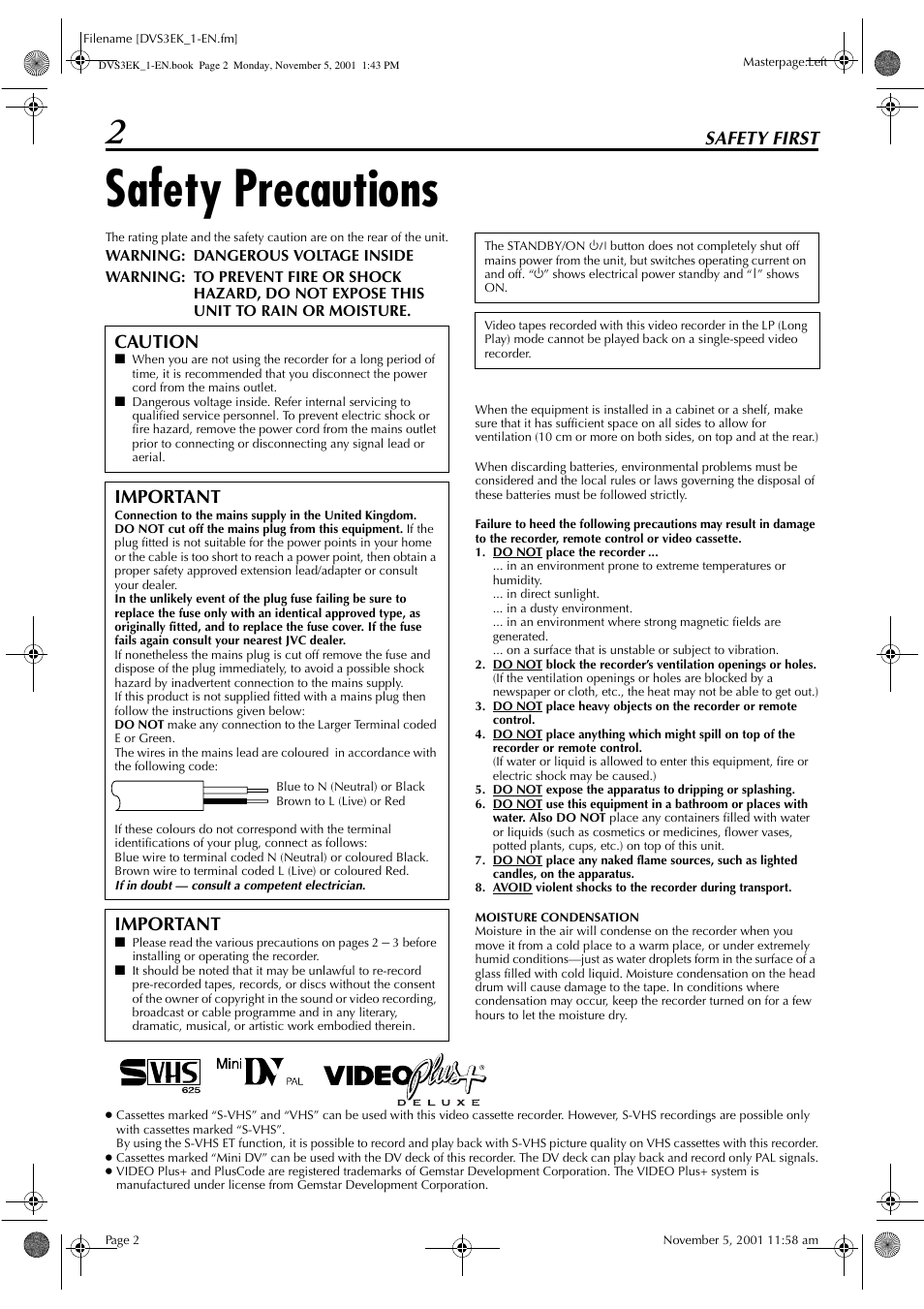 Safety precautions, Safety first, Caution | Important | JVC HR-DVS3EK User Manual | Page 2 / 92