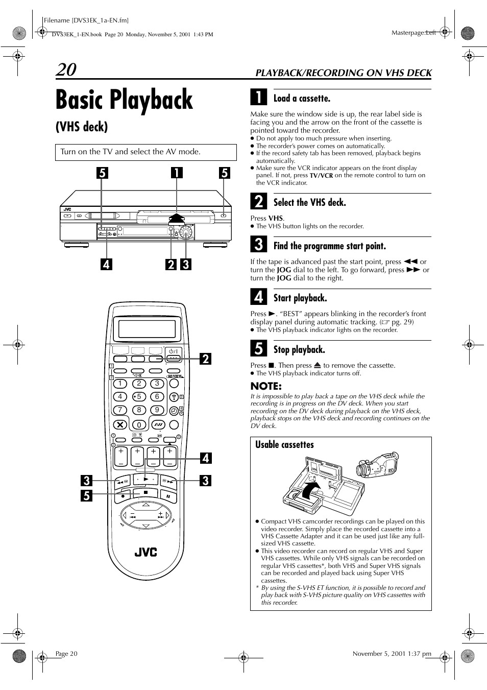 Basic playback, Vhs deck) | JVC HR-DVS3EK User Manual | Page 20 / 92