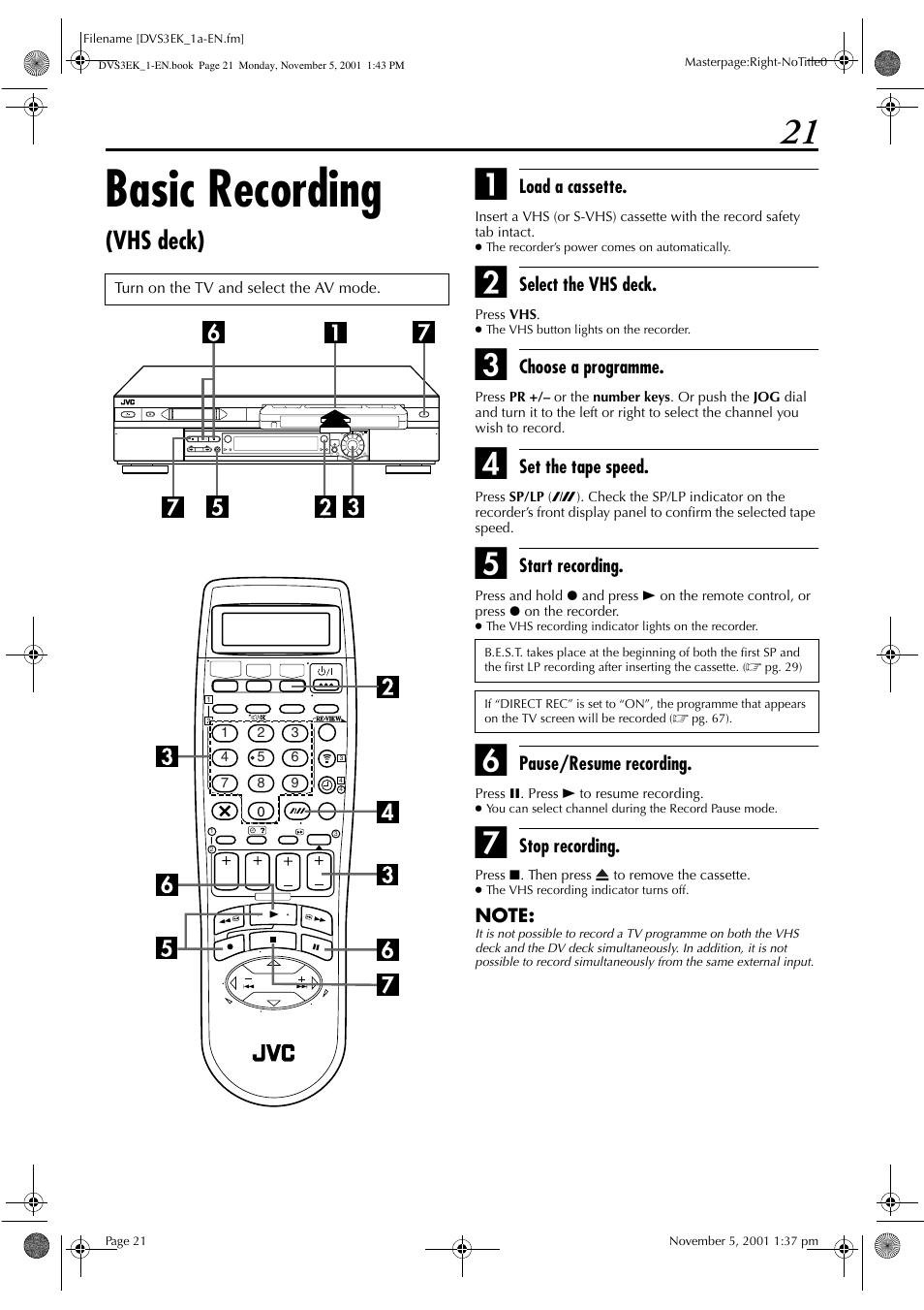 Basic recording, Vhs deck) | JVC HR-DVS3EK User Manual | Page 21 / 92