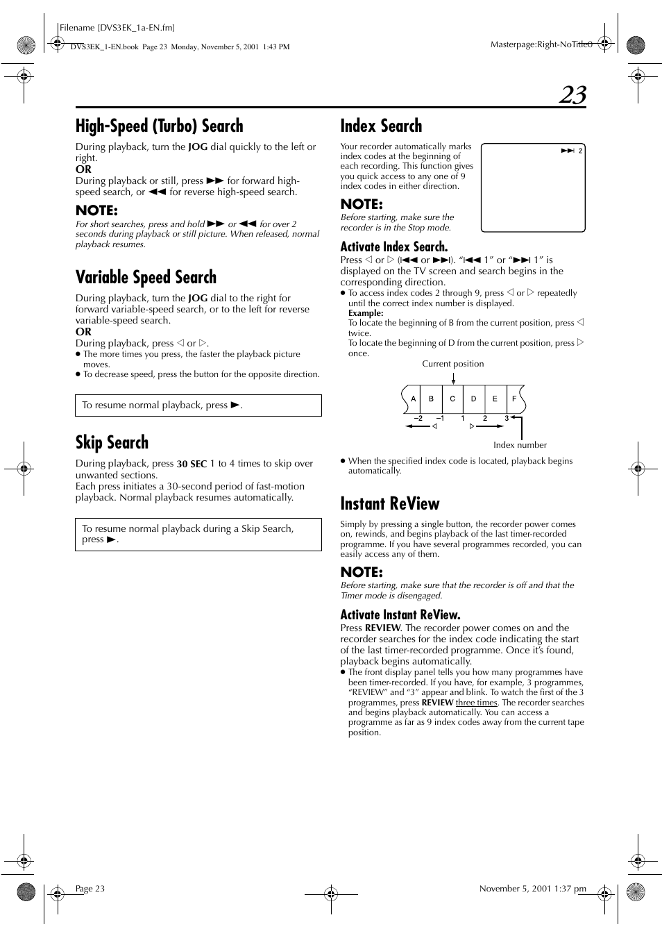 High-speed (turbo) search, Variable speed search, Skip search | Index search, Instant review, Activate index search, Activate instant review | JVC HR-DVS3EK User Manual | Page 23 / 92
