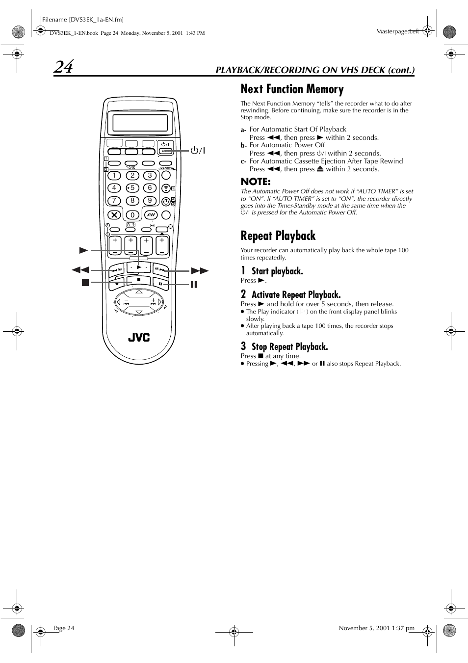 Repeat playback, Playback/recording on vhs deck (cont.), Start playback | Activate repeat playback, Stop repeat playback | JVC HR-DVS3EK User Manual | Page 24 / 92