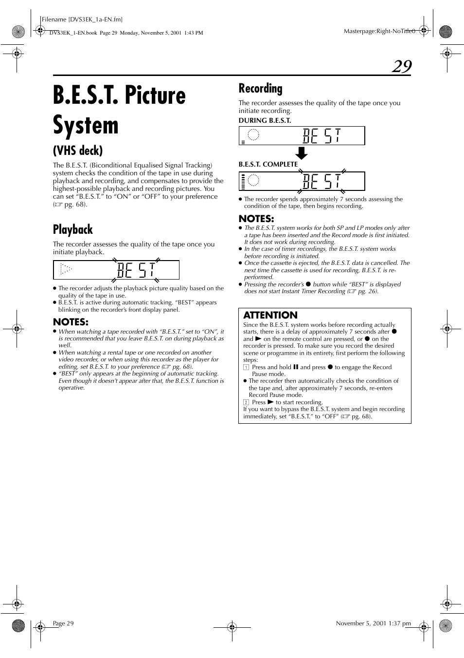 B.e.s.t. picture system, Vhs deck), Playback | Recording, Attention | JVC HR-DVS3EK User Manual | Page 29 / 92