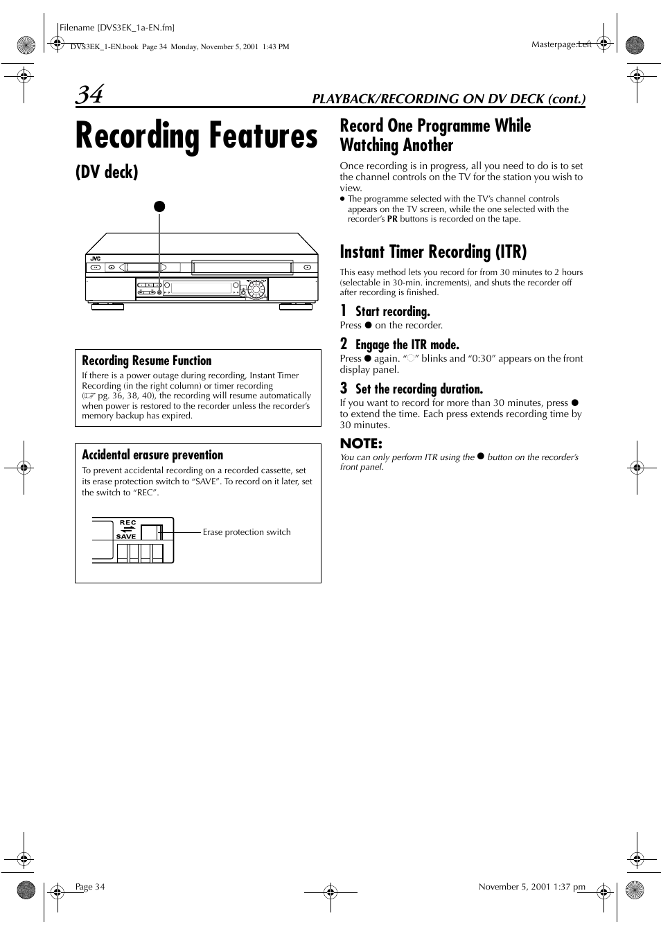Recording features, Instant timer recording (itr) | JVC HR-DVS3EK User Manual | Page 34 / 92