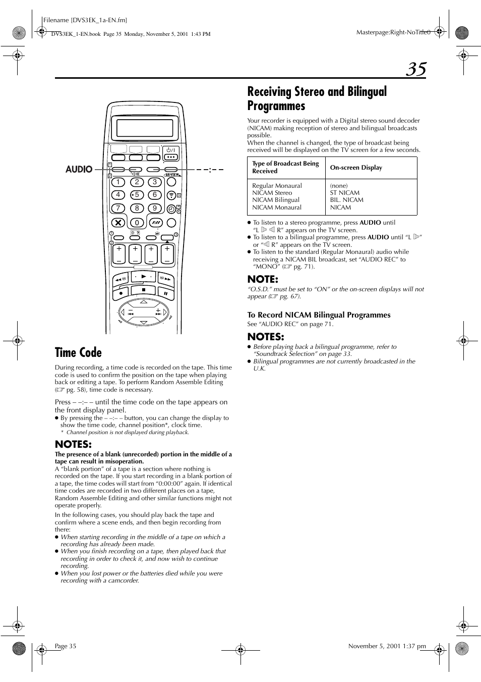 Time code, Receiving stereo and bilingual programmes | JVC HR-DVS3EK User Manual | Page 35 / 92