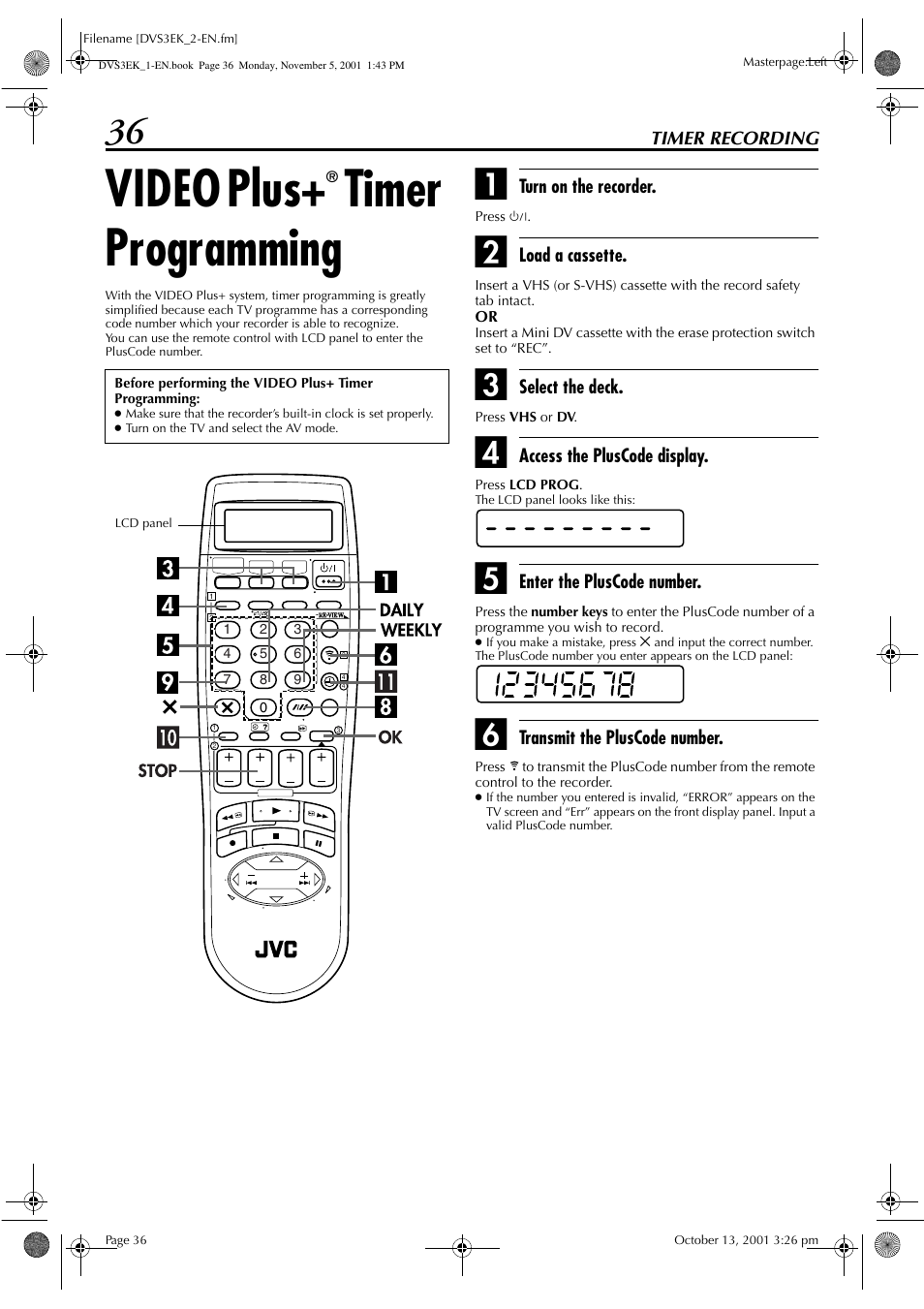 Video plus, Timer programming | JVC HR-DVS3EK User Manual | Page 36 / 92