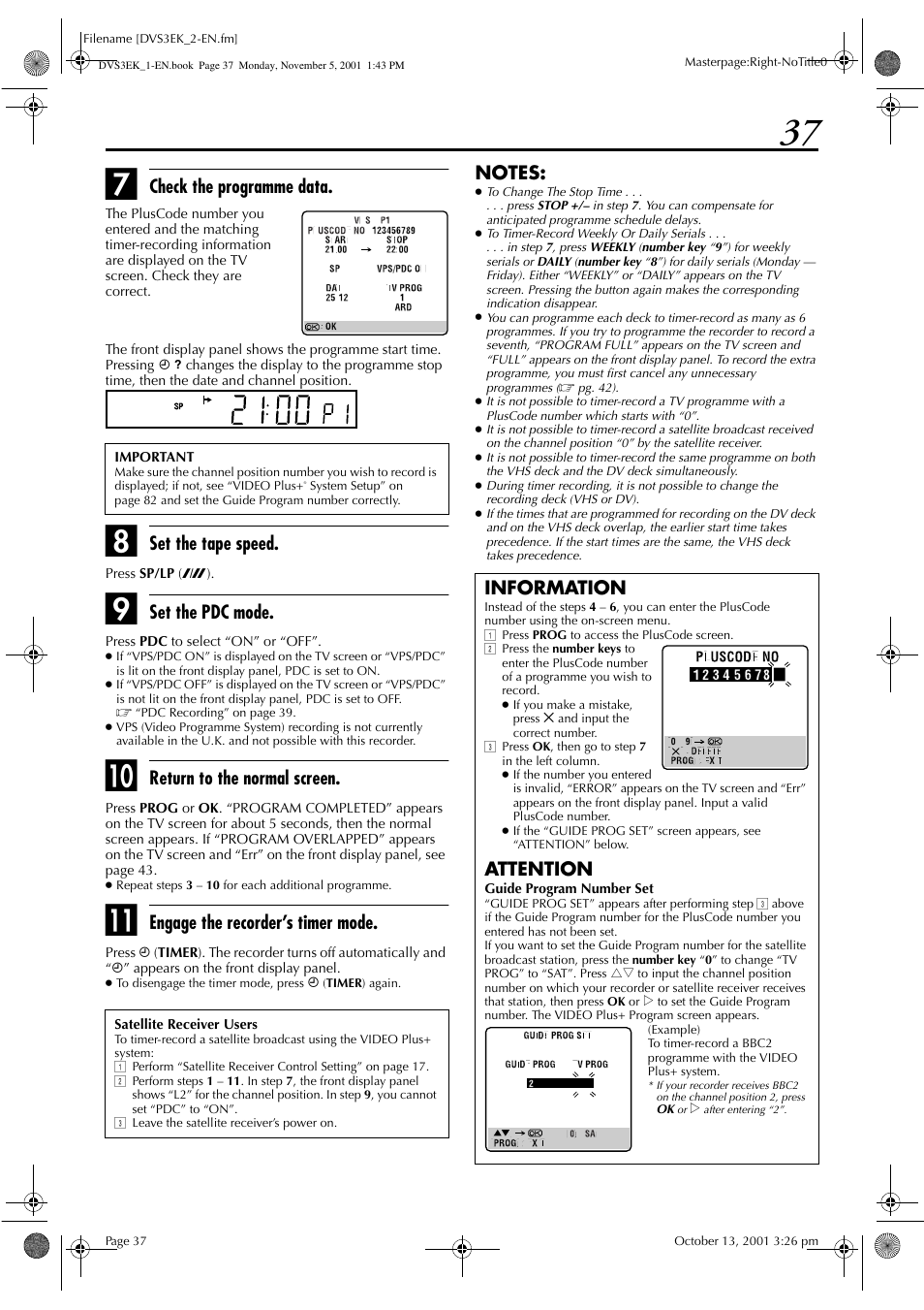 Check the programme data, Set the tape speed, Set the pdc mode | Return to the normal screen, Engage the recorder’s timer mode, Information, Attention | JVC HR-DVS3EK User Manual | Page 37 / 92