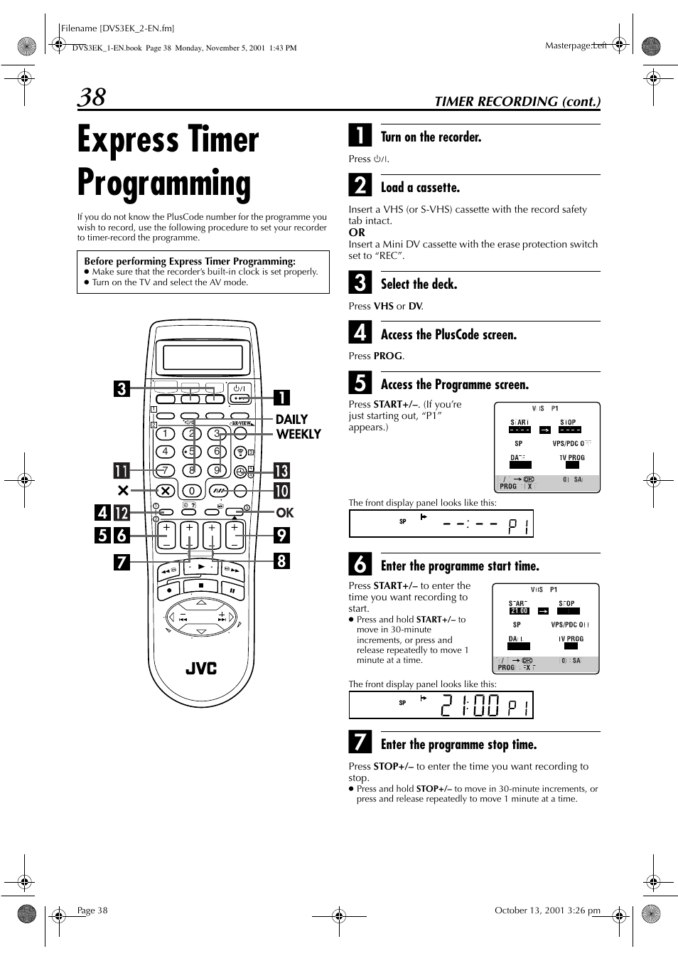 Express timer programming | JVC HR-DVS3EK User Manual | Page 38 / 92