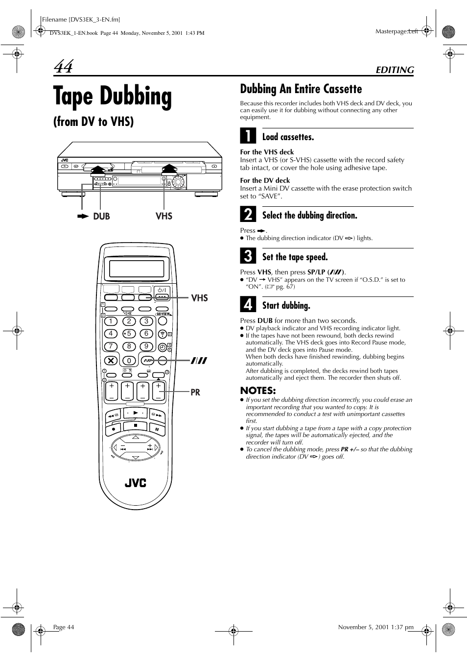Tape dubbing | JVC HR-DVS3EK User Manual | Page 44 / 92