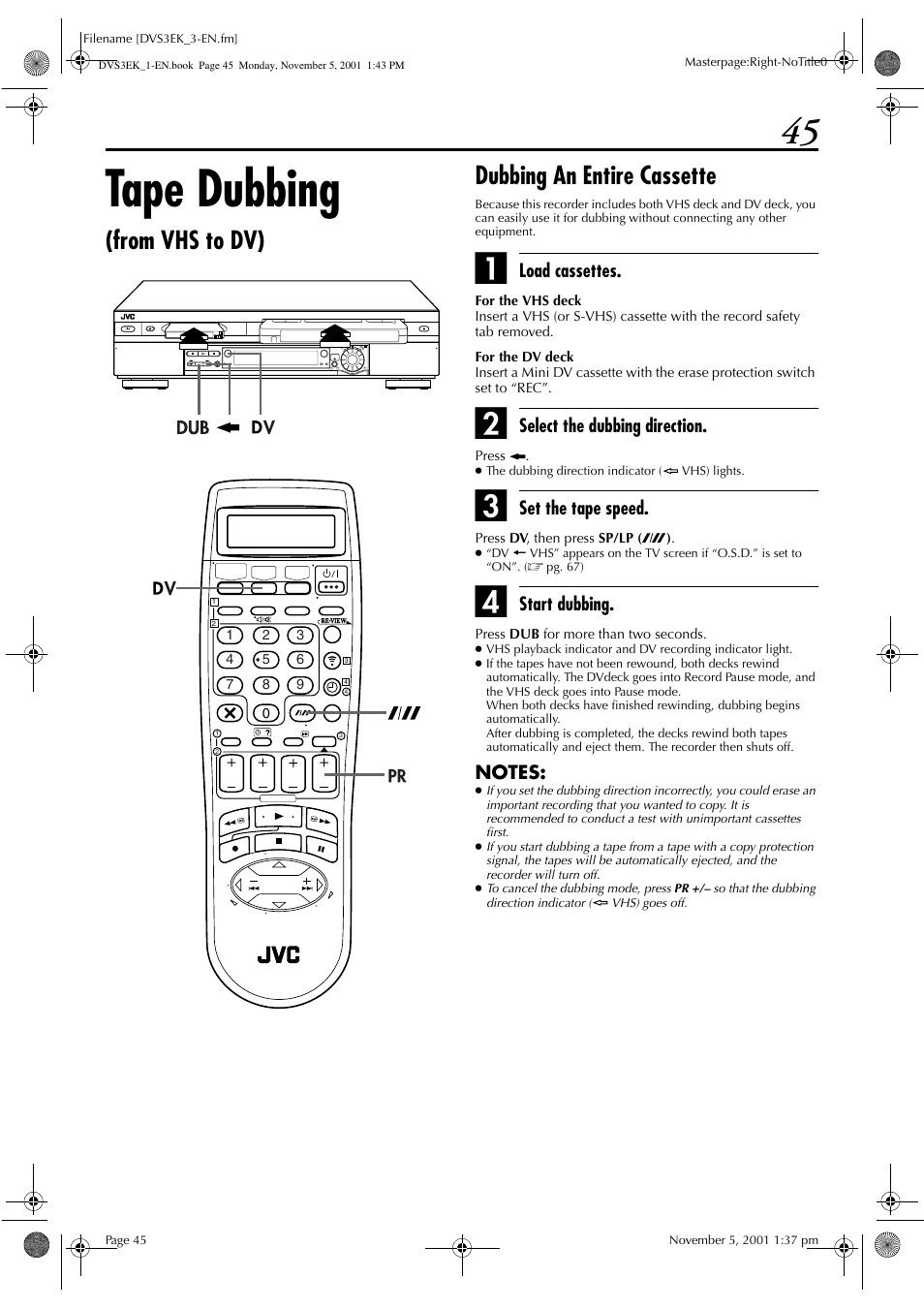 Tape dubbing | JVC HR-DVS3EK User Manual | Page 45 / 92