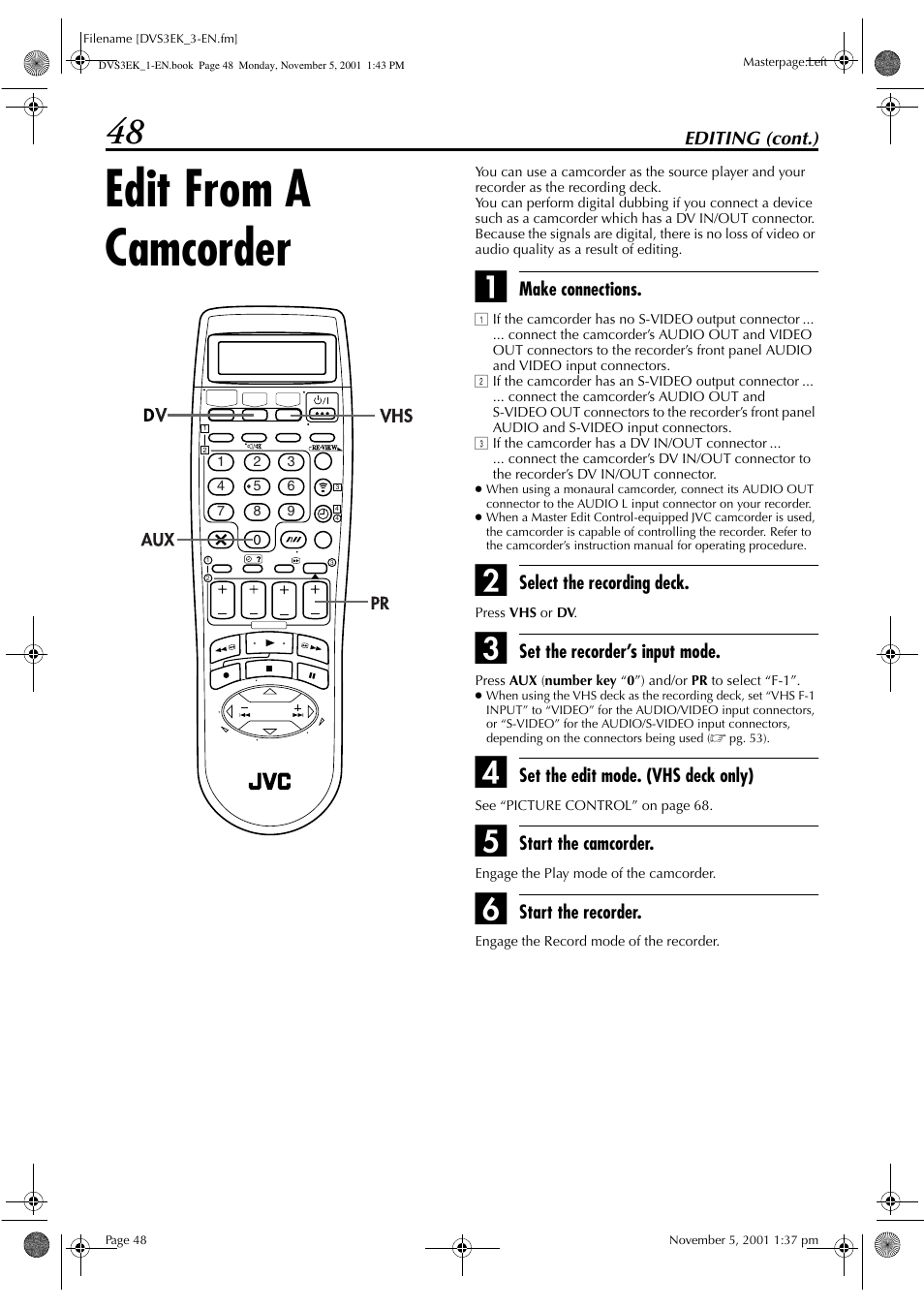 Edit from a camcorder | JVC HR-DVS3EK User Manual | Page 48 / 92