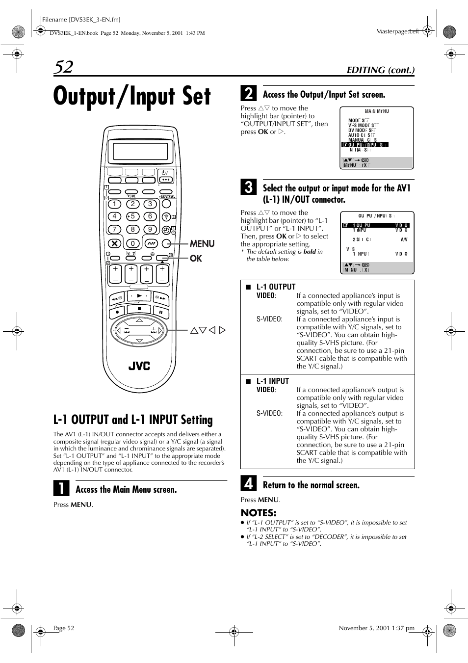 Output/input set, L-1 output and l-1 input setting | JVC HR-DVS3EK User Manual | Page 52 / 92