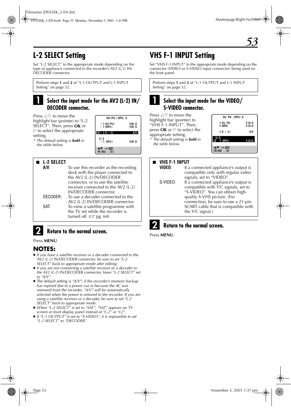 L-2 select setting, Vhs f-1 input setting | JVC HR-DVS3EK User Manual | Page 53 / 92