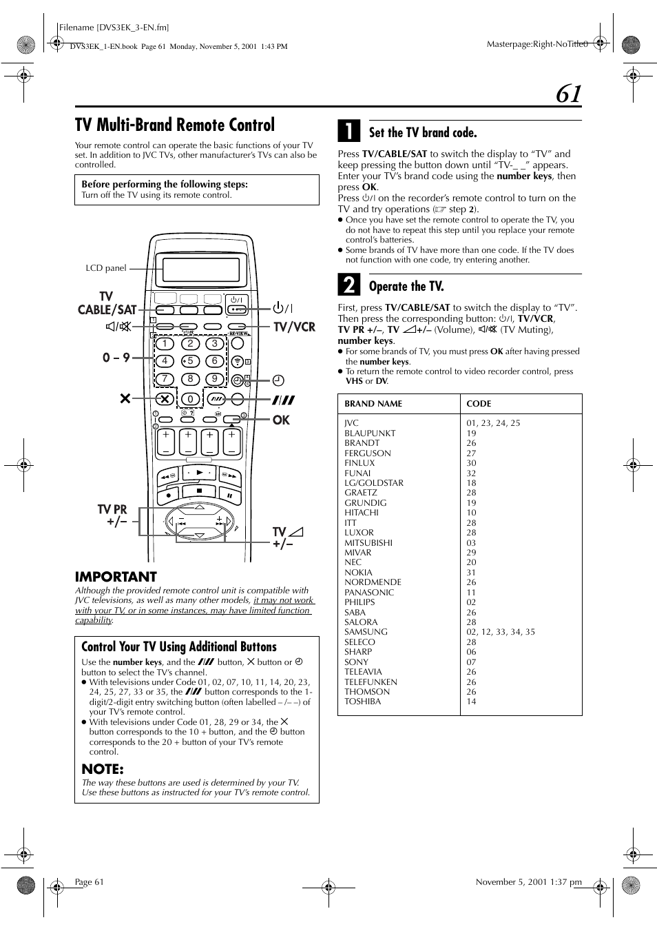 Tv multi-brand remote control, Important, Set the tv brand code | Operate the tv, Control your tv using additional buttons | JVC HR-DVS3EK User Manual | Page 61 / 92