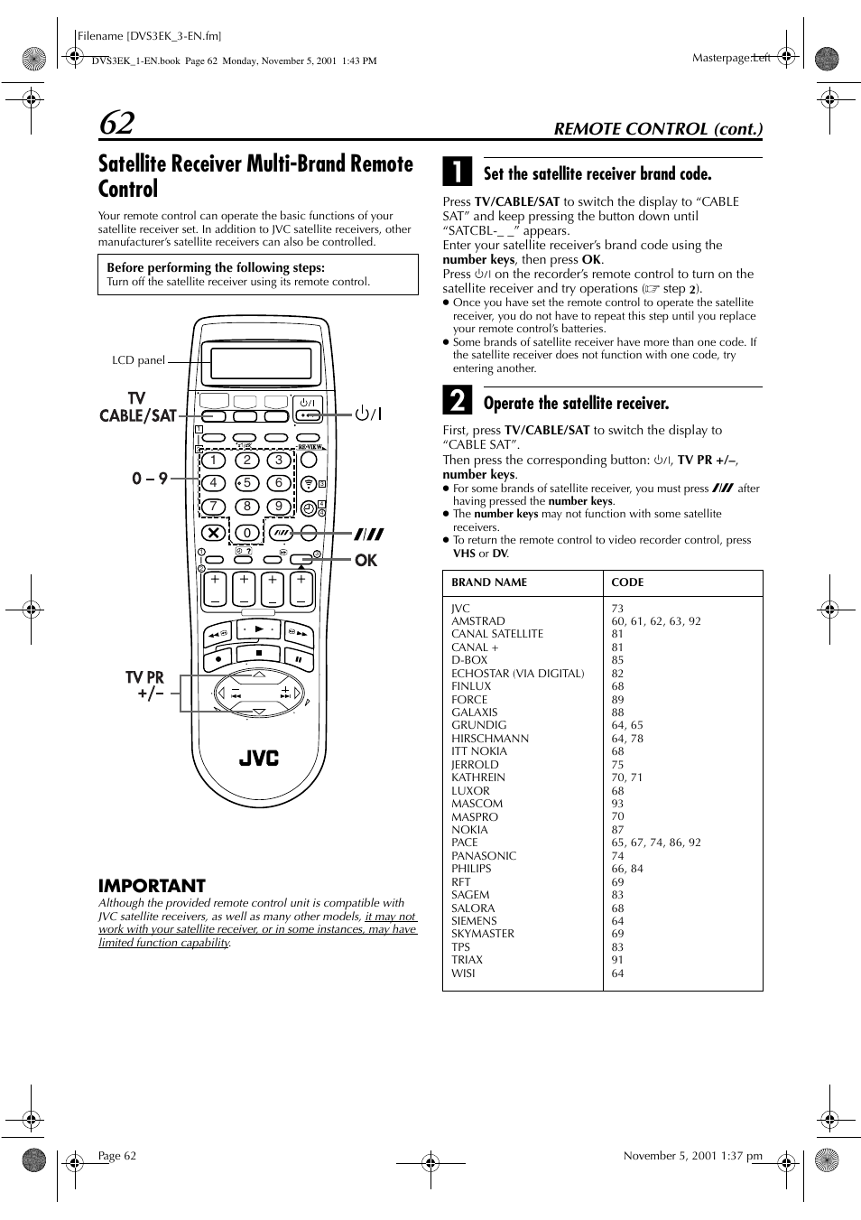 Satellite receiver multi-brand remote control, Remote control (cont.), Important | Set the satellite receiver brand code, Operate the satellite receiver | JVC HR-DVS3EK User Manual | Page 62 / 92