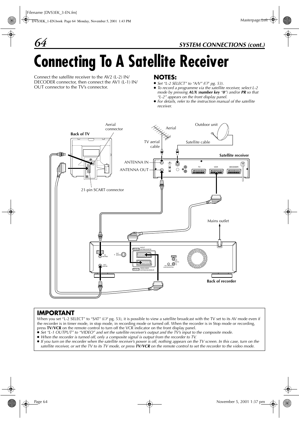 Connecting to a satellite receiver, System connections (cont.), Important | JVC HR-DVS3EK User Manual | Page 64 / 92