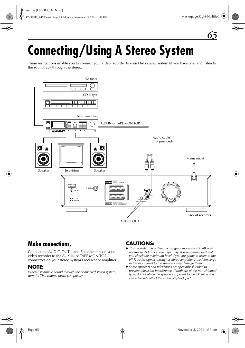 Connecting/using a stereo system, Make connections, Cautions | JVC HR-DVS3EK User Manual | Page 65 / 92