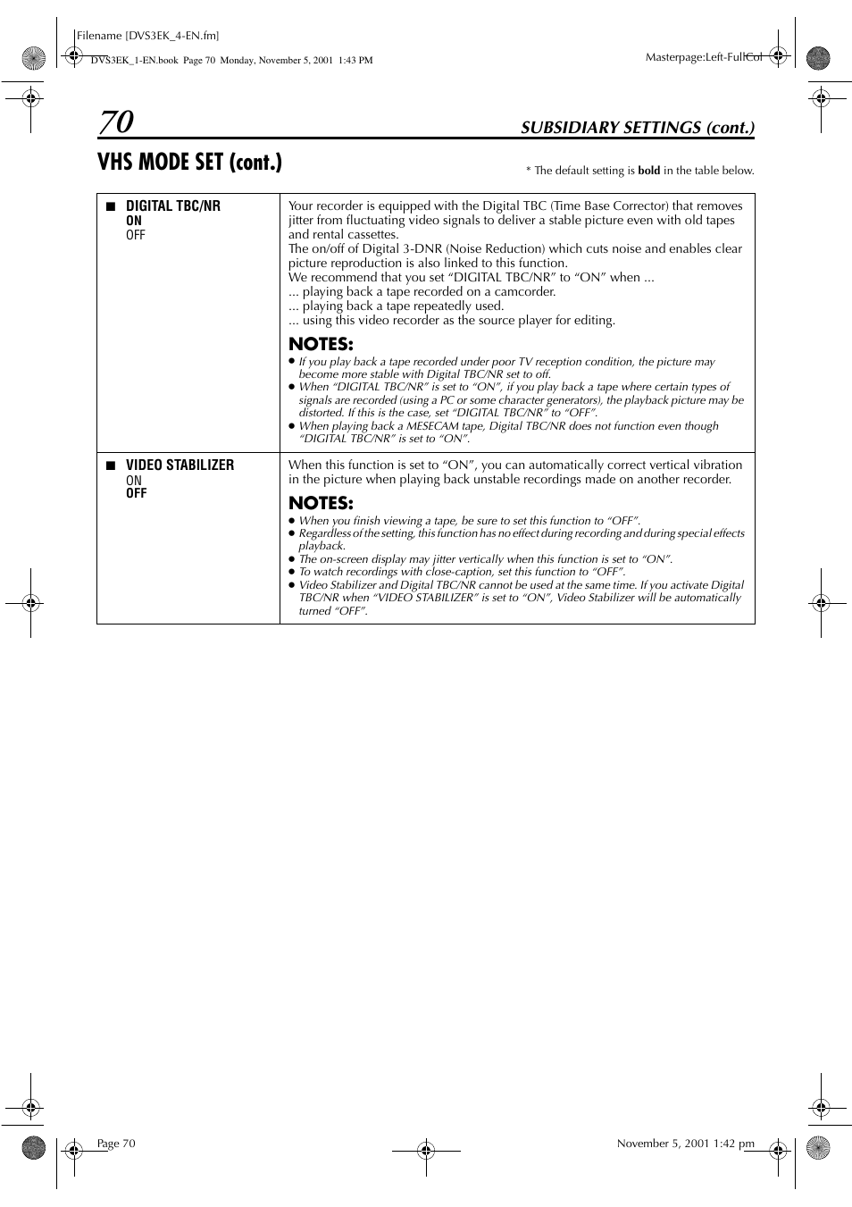 Vhs mode set (cont.), Subsidiary settings (cont.) | JVC HR-DVS3EK User Manual | Page 70 / 92