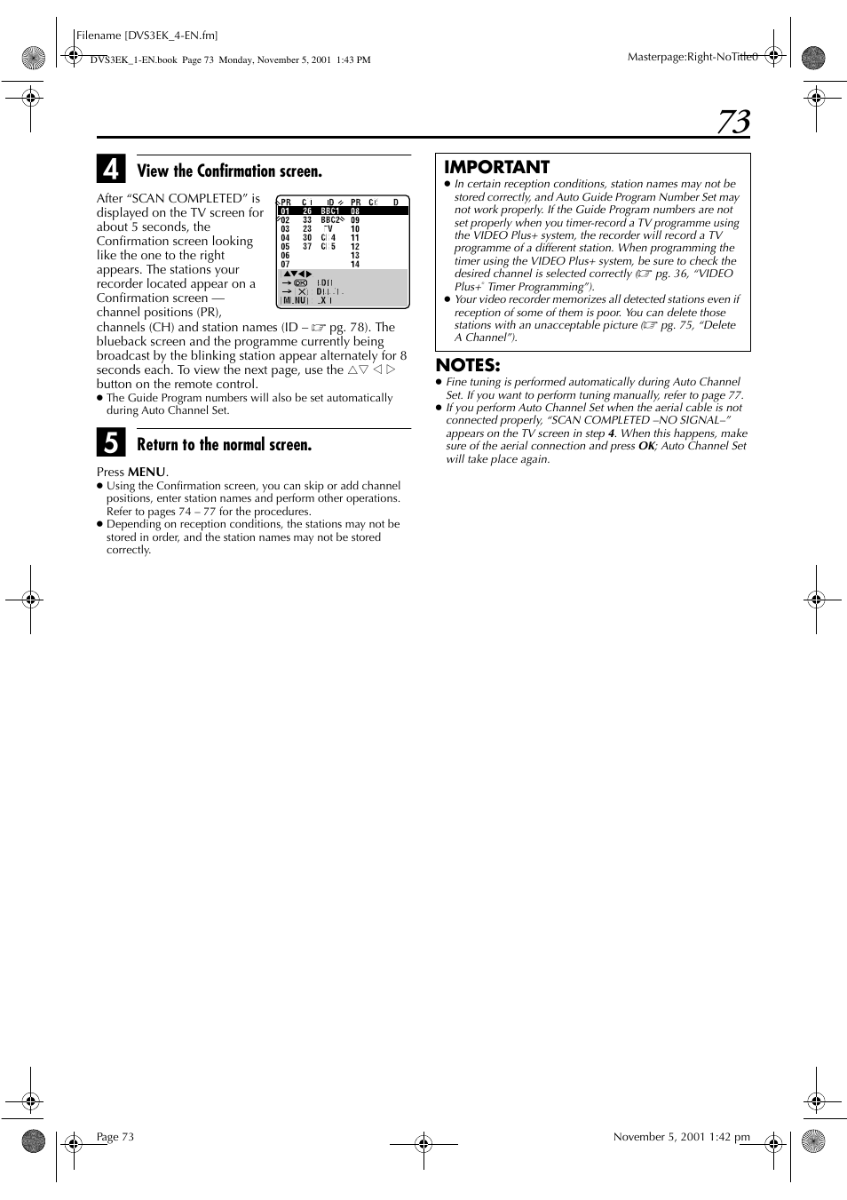 View the confirmation screen, Return to the normal screen, Important | JVC HR-DVS3EK User Manual | Page 73 / 92