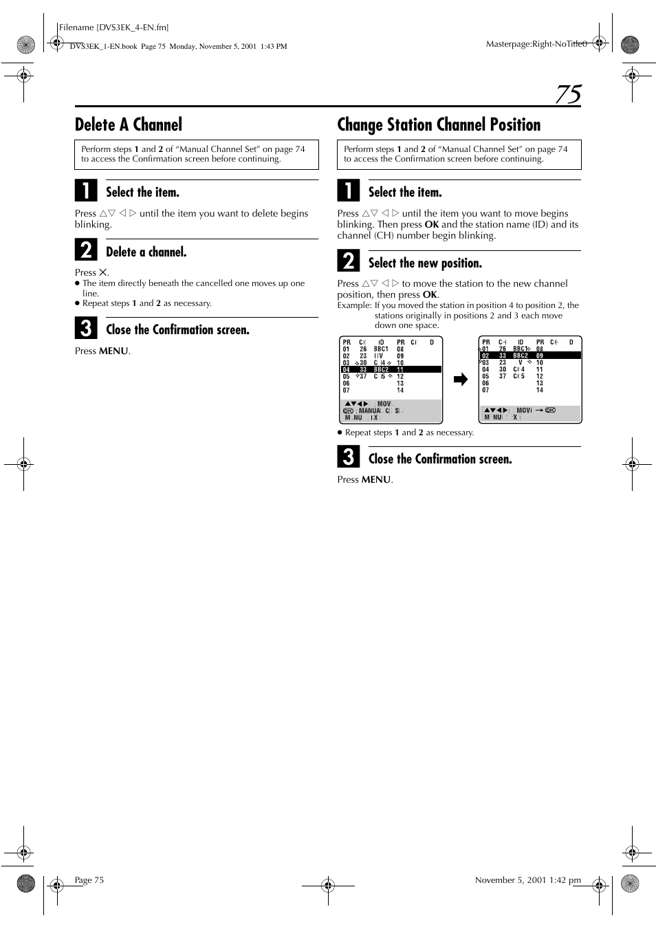 Delete a channel, Change station channel position | JVC HR-DVS3EK User Manual | Page 75 / 92