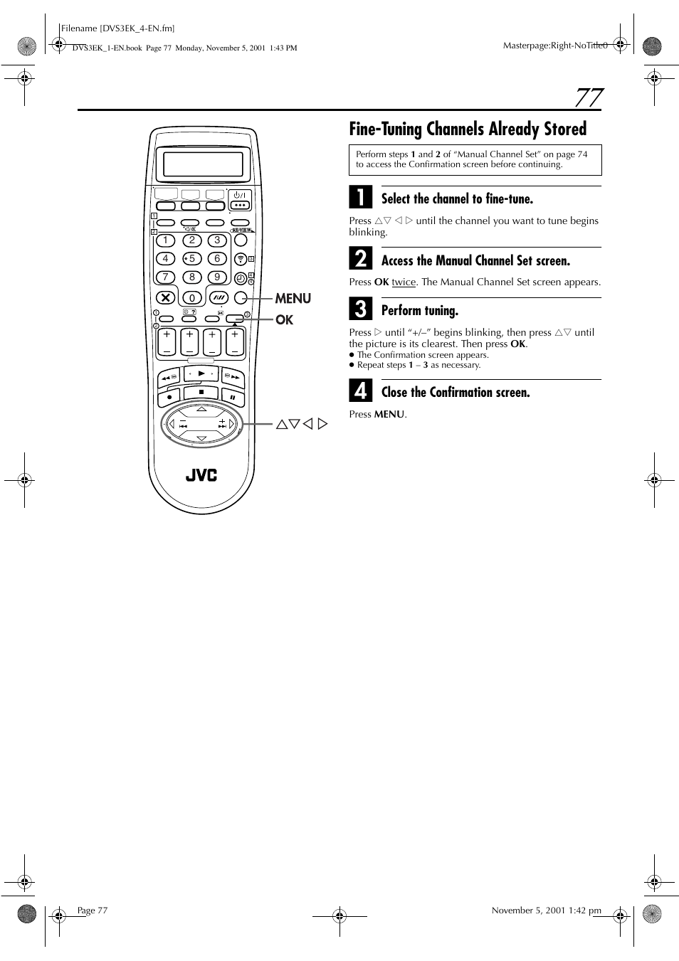 Fine-tuning channels already stored | JVC HR-DVS3EK User Manual | Page 77 / 92