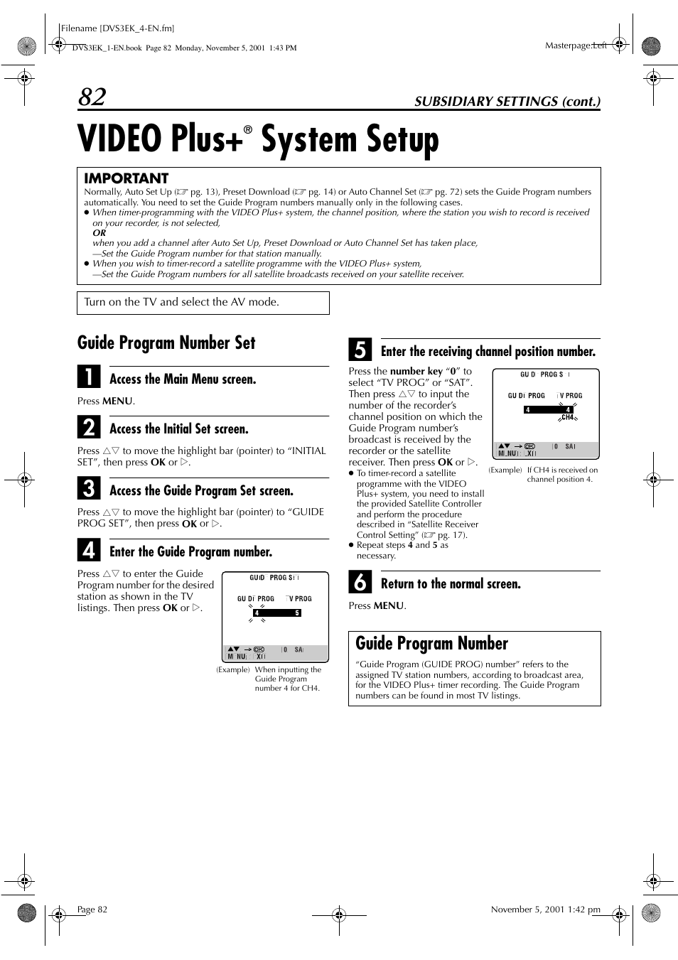 Video plus, System setup, Guide program number set | Guide program number | JVC HR-DVS3EK User Manual | Page 82 / 92