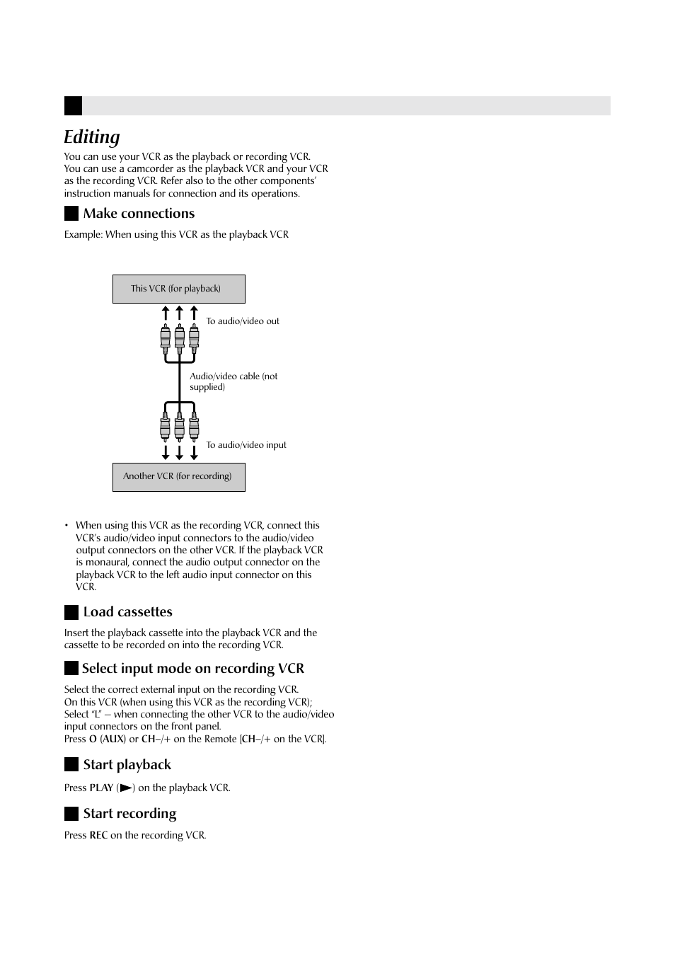 Editing, Make connections, Load cassettes | Select input mode on recording vcr, Start playback, Start recording | JVC HR-J6609UM User Manual | Page 12 / 14