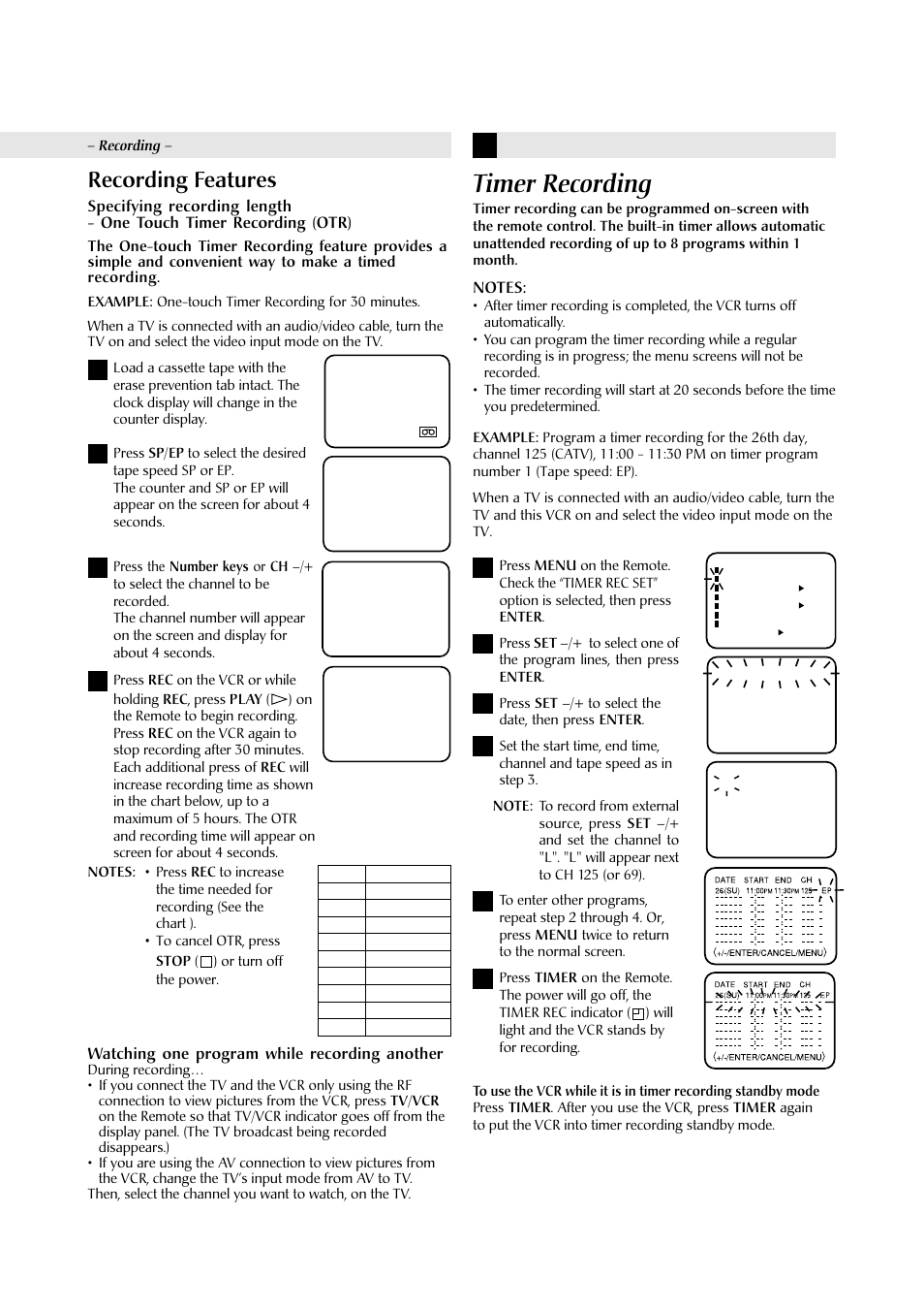 Timer recording, Recording features, Watching one program while recording another | JVC HR-J6609UM User Manual | Page 9 / 14