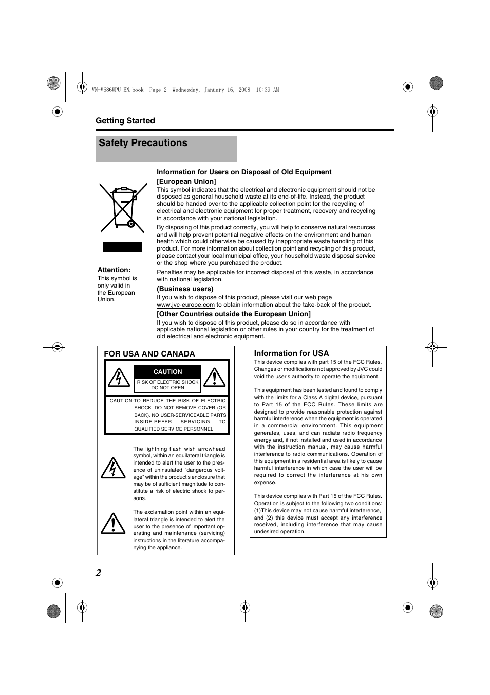 Getting started, Safety precautions | JVC VN-V686U User Manual | Page 2 / 44