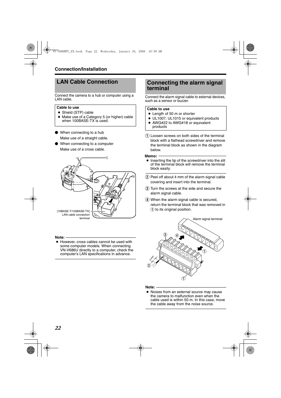 Lan cable connection, Connecting the alarm signal terminal | JVC VN-V686U User Manual | Page 22 / 44